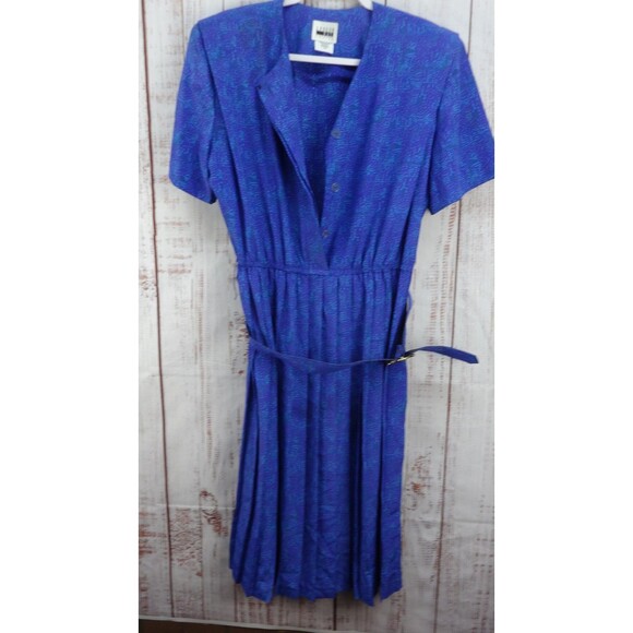 Leslie Fay Midi Dress Womens 14P Blue Button Front Belted Floral Vintage - Picture 1 of 12